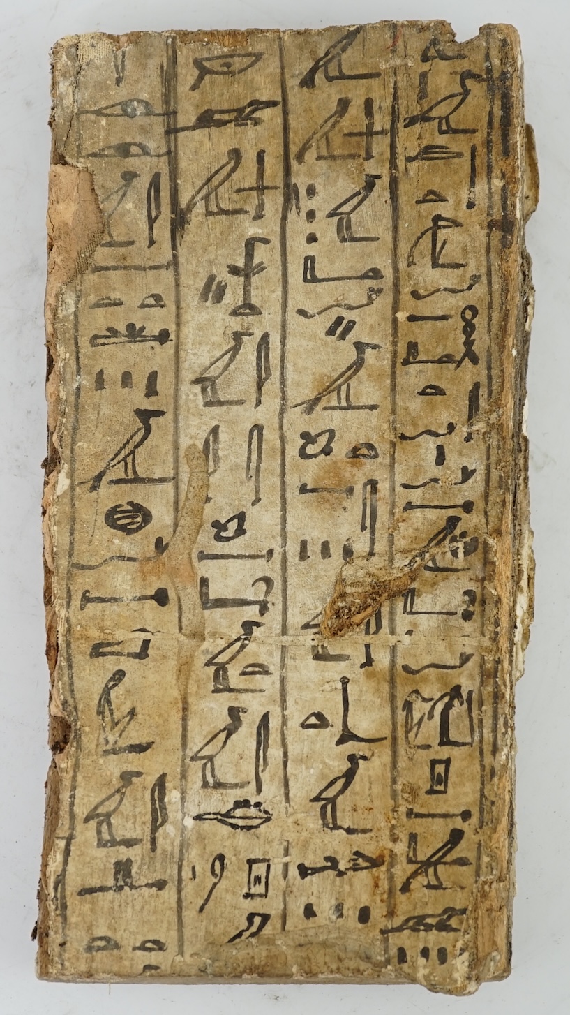 An Ancient Egyptian painted gesso, linen and wood fragment from a coffin or canopic chest, probably late Kingdom